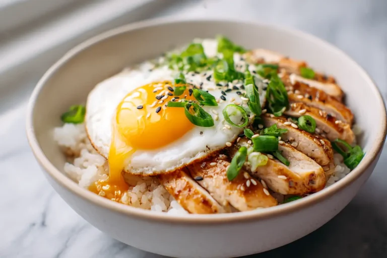 Delicious Gordon Ramsay chicken donburi served with vibrant toppings.