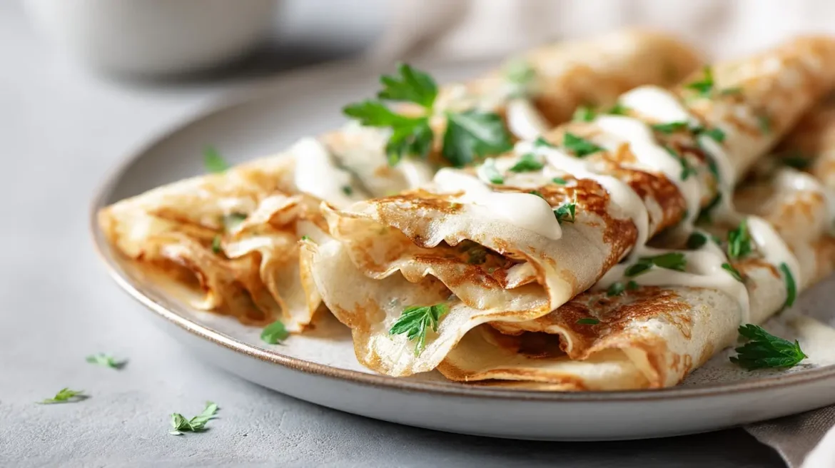 Gordon Ramsay's chicken crepes, flavorful and elegantly presented.