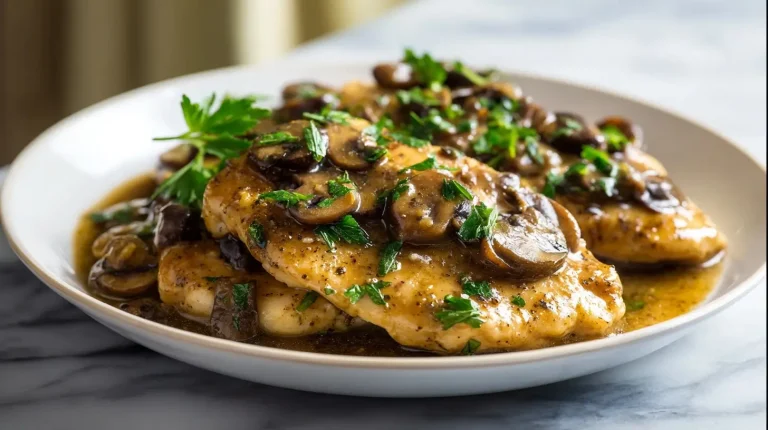 Delicious Gordon Ramsay Chicken Marsala served with a side of pasta.