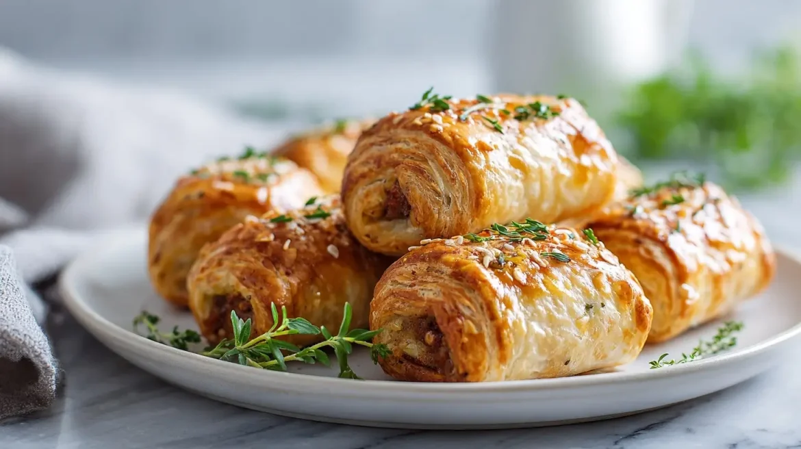 Gordon Ramsay's sausage rolls fresh from the oven, golden and flaky.