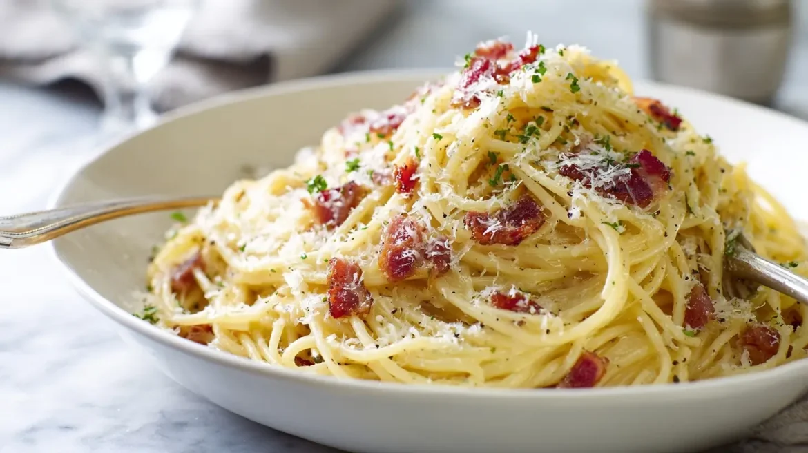 Gordon Ramsay Pasta Carbonara Recipe Gordon Ramsay's delicious pasta carbonara topped with creamy sauce and crispy pancetta.