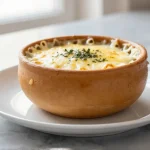Delicious Gordon Ramsay French onion soup topped with melted cheese