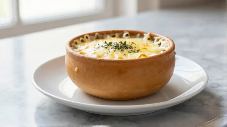 Delicious Gordon Ramsay French onion soup topped with melted cheese